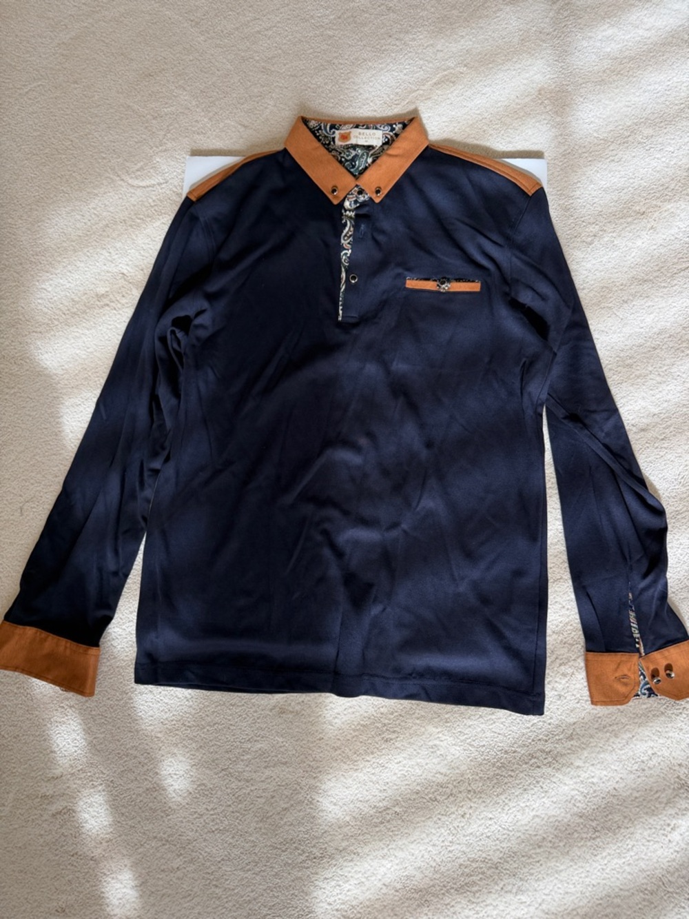 Men's Navy Long-Sleeve Polo with Tan Contrast Trim